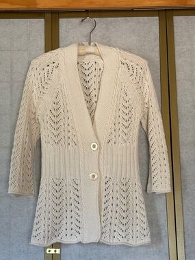 Cream Open-Knit Button Cardigan Sweater